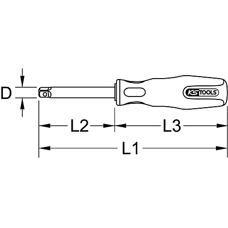 Ein Schraubendreher mit Maßen D, L1, L2, L3. Auf dem Griff steht KS TOOLS.